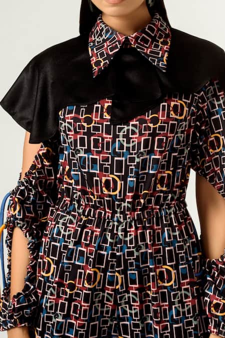 Buy_Siddhant Agrawal_Black Lycra And Velvet Satin Spread Collar Printed Jumpsuit _Online_at_Aza_Fashions