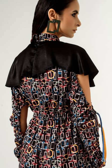 Shop_Siddhant Agrawal_Black Lycra And Velvet Satin Spread Collar Printed Jumpsuit _Online_at_Aza_Fashions