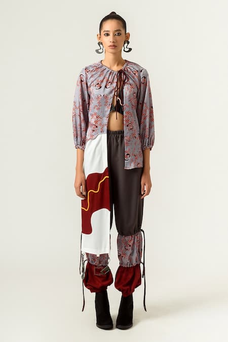 Buy_Siddhant Agrawal_Grey Banana Crepe, And Velvet Printed Joggers _Online_at_Aza_Fashions