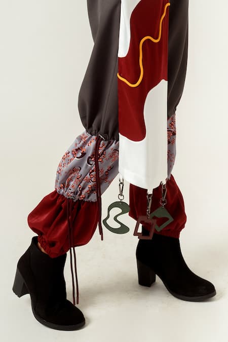 Shop_Siddhant Agrawal_Grey Banana Crepe, And Velvet Printed Joggers _Online_at_Aza_Fashions