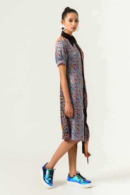 Siddhant Agrawal_Multi Color Lycra, Velvet And Printed Shirt Dress _Online_at_Aza_Fashions