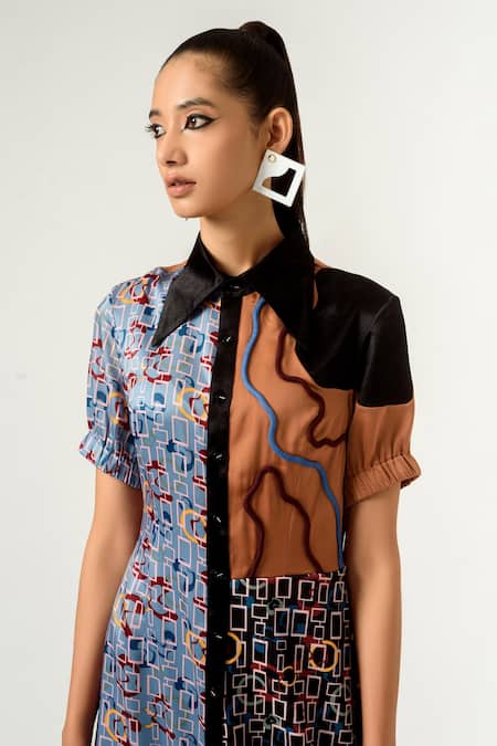Shop_Siddhant Agrawal_Multi Color Lycra, Velvet And Printed Shirt Dress _Online_at_Aza_Fashions