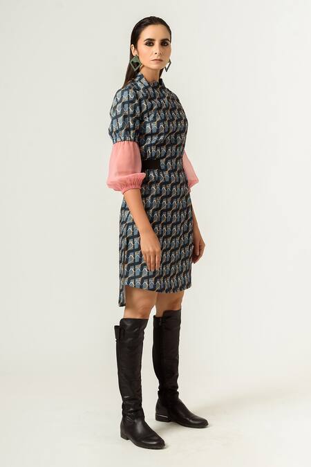 Siddhant Agrawal_Blue Textured Crepe And Georgette Round Printed Dress _Online_at_Aza_Fashions