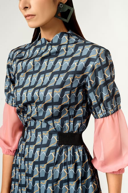 Shop_Siddhant Agrawal_Blue Textured Crepe And Georgette Round Printed Dress _Online_at_Aza_Fashions