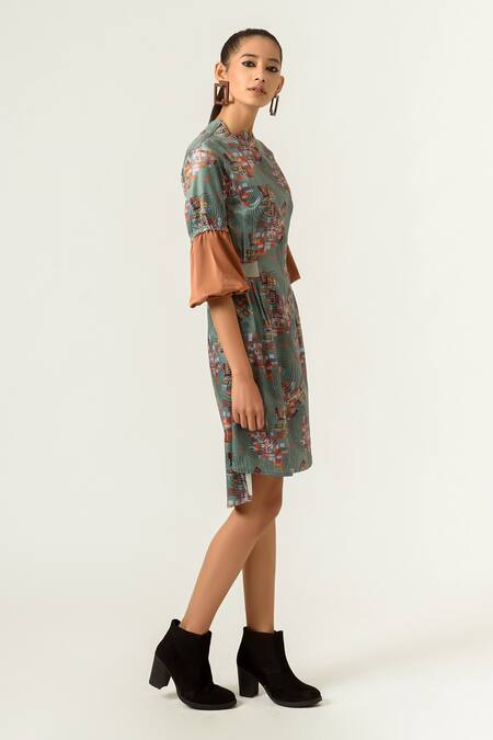 Siddhant Agrawal_Green Poly Velvet Satin Round Printed Dress _Online_at_Aza_Fashions