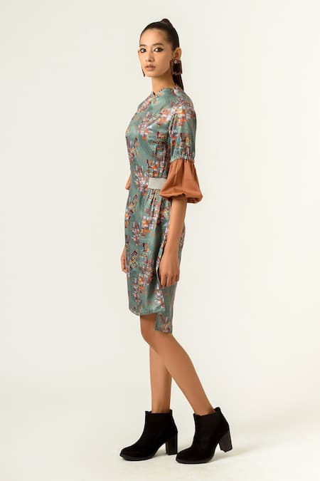 Buy_Siddhant Agrawal_Green Poly Velvet Satin Round Printed Dress _Online_at_Aza_Fashions