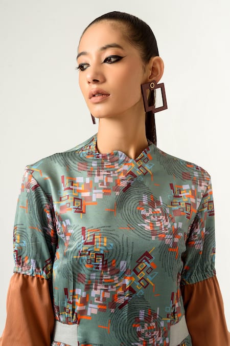 Shop_Siddhant Agrawal_Green Poly Velvet Satin Round Printed Dress _Online_at_Aza_Fashions