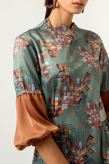 Siddhant Agrawal_Green Poly Velvet Satin Round Printed Dress _at_Aza_Fashions