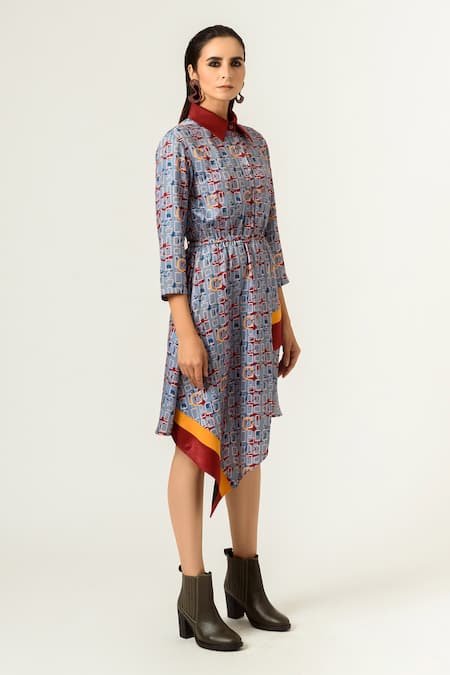Siddhant Agrawal_Blue , Velvet And Banana Crepe Spread Printed Dress _Online_at_Aza_Fashions