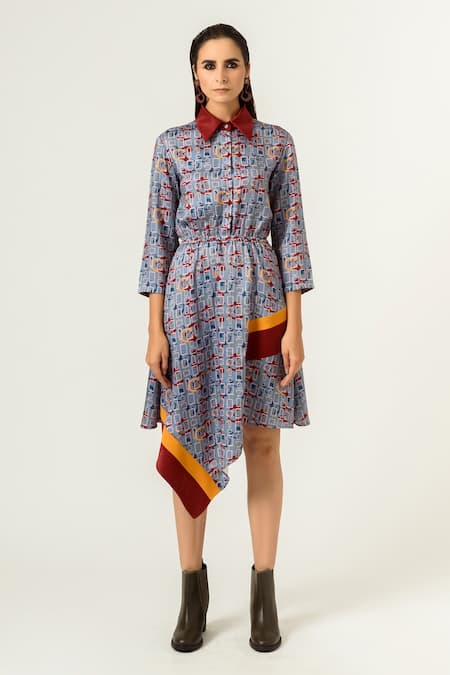 Buy_Siddhant Agrawal_Blue , Velvet And Banana Crepe Spread Printed Dress _Online_at_Aza_Fashions