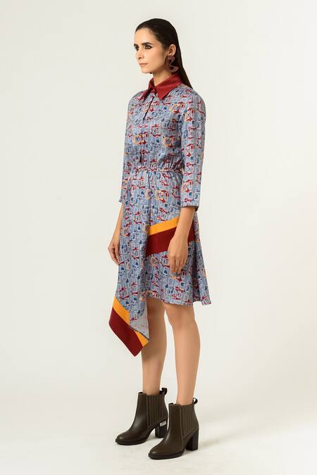 Shop_Siddhant Agrawal_Blue , Velvet And Banana Crepe Spread Printed Dress _Online_at_Aza_Fashions