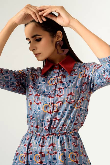 Siddhant Agrawal_Blue , Velvet And Banana Crepe Spread Printed Dress _at_Aza_Fashions