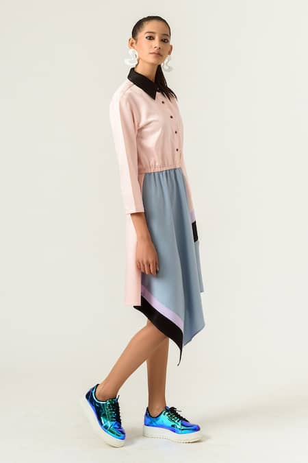 Siddhant Agrawal_Peach Velvet Satin And Textured Crepe Spread Collar Colorblock Dress _Online_at_Aza_Fashions
