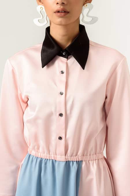 Siddhant Agrawal_Peach Velvet Satin And Textured Crepe Spread Collar Colorblock Dress _at_Aza_Fashions