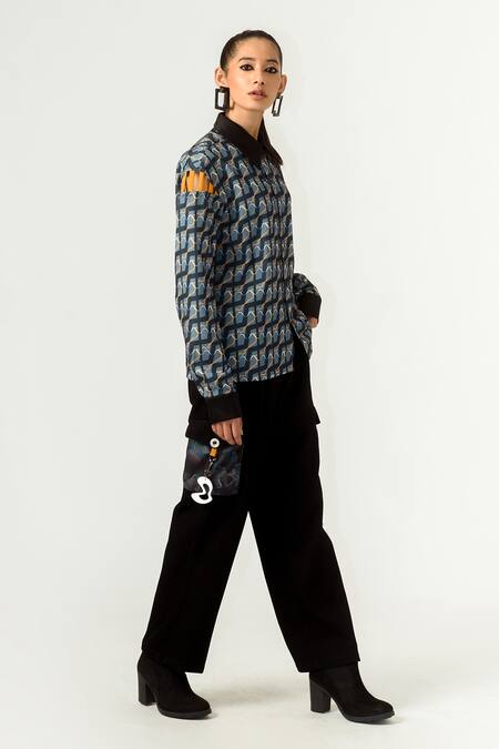 Siddhant Agrawal_Blue Textured Crepe, Velvet Satin And Banana Unisex Printed Shirt _Online_at_Aza_Fashions