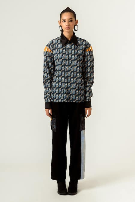 Buy_Siddhant Agrawal_Blue Textured Crepe, Velvet Satin And Banana Unisex Printed Shirt _Online_at_Aza_Fashions