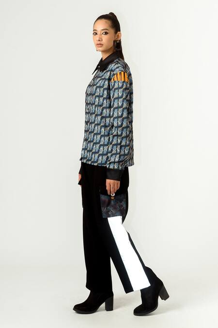 Shop_Siddhant Agrawal_Blue Textured Crepe, Velvet Satin And Banana Unisex Printed Shirt _Online_at_Aza_Fashions