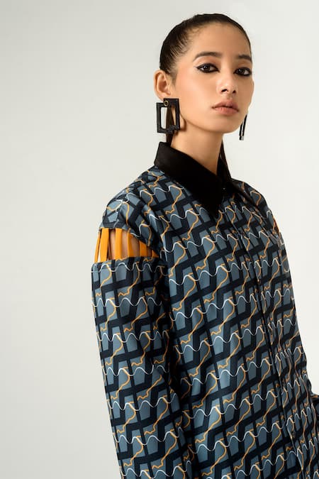 Siddhant Agrawal_Blue Textured Crepe, Velvet Satin And Banana Unisex Printed Shirt _at_Aza_Fashions