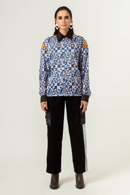 Siddhant Agrawal_Blue Velvet Satin And Banana Crepe Spread Collar Unisex Printed Shirt _Online_at_Aza_Fashions