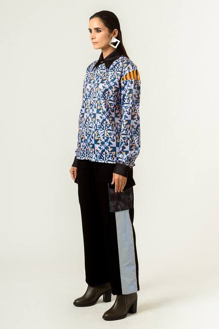 Buy_Siddhant Agrawal_Blue Velvet Satin And Banana Crepe Spread Collar Unisex Printed Shirt _Online_at_Aza_Fashions