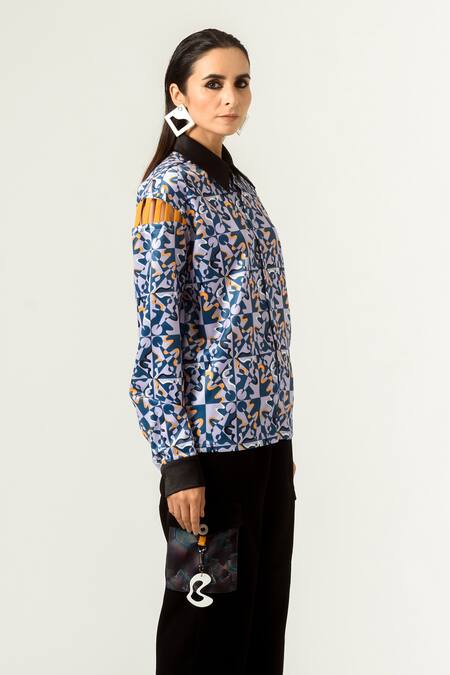 Shop_Siddhant Agrawal_Blue Velvet Satin And Banana Crepe Spread Collar Unisex Printed Shirt _Online_at_Aza_Fashions