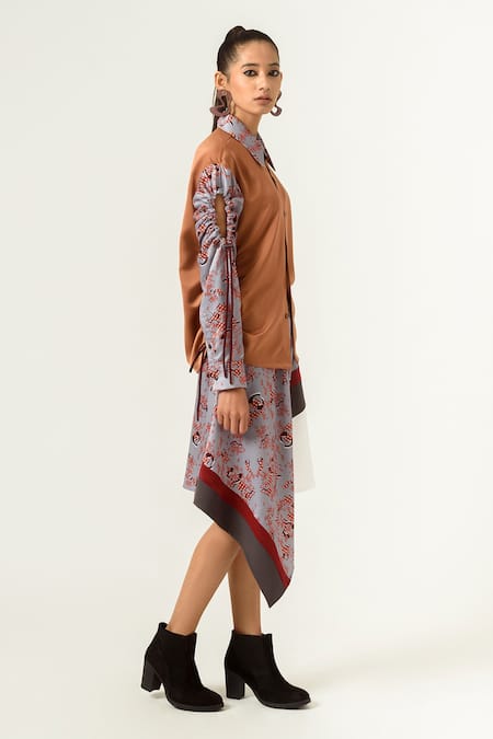 Siddhant Agrawal_Grey , Velvet And Banana Crepe Printed Skirt _Online_at_Aza_Fashions