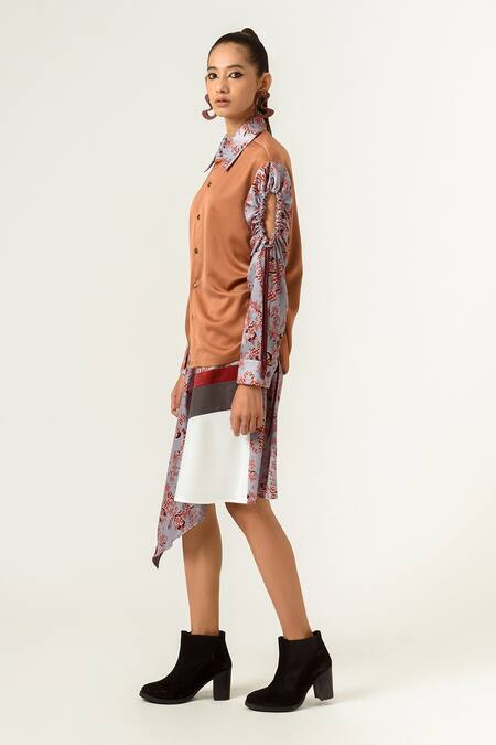 Buy_Siddhant Agrawal_Grey , Velvet And Banana Crepe Printed Skirt _Online_at_Aza_Fashions