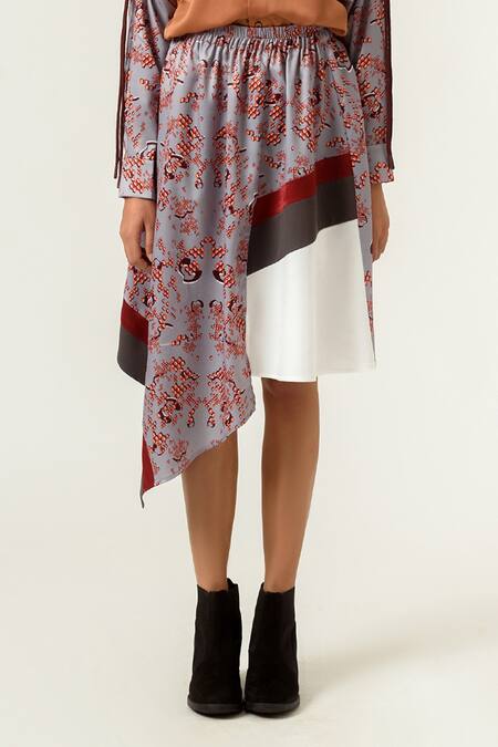 Shop_Siddhant Agrawal_Grey , Velvet And Banana Crepe Printed Skirt _Online_at_Aza_Fashions