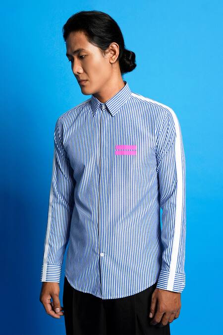 Sahil Aneja_Blue 100% Cotton Striped Shirt_Online_at_Aza_Fashions