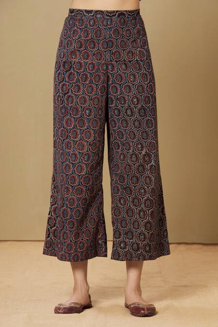 Shop_Sagaa By Vanita_Maroon Ajrakh Embroidery Shirt Collar Kurta And Pant Set _Online_at_Aza_Fashions