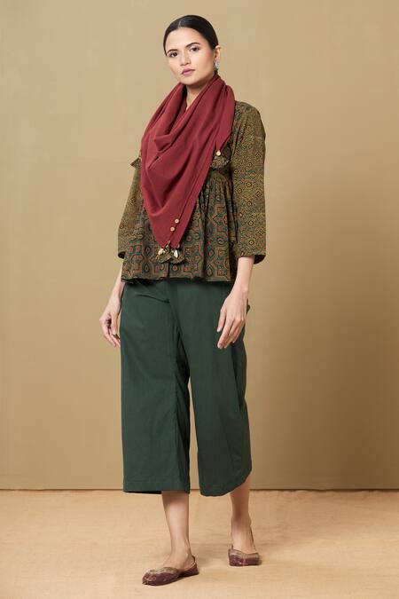 Buy_Sagaa By Vanita_Green Ajrakh Round Top And Pant Set_Online_at_Aza_Fashions