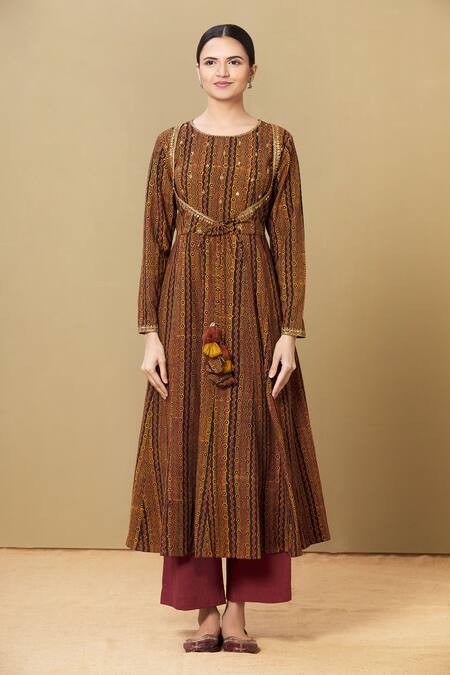 Sagaa By Vanita_Yellow Ajrakh Embroidery Round Anarkali Set _Online_at_Aza_Fashions