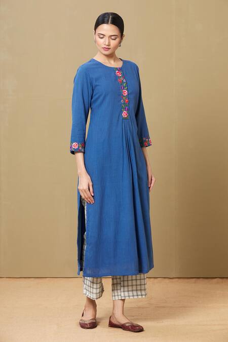Sagaa By Vanita_Blue Handloom Cotton, Ajrakh Round Embroidered Kurta And Checkered Pant Set_Online_at_Aza_Fashions