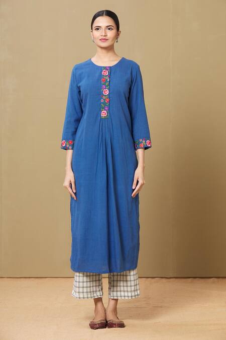 Buy_Sagaa By Vanita_Blue Handloom Cotton, Ajrakh Round Embroidered Kurta And Checkered Pant Set_Online_at_Aza_Fashions