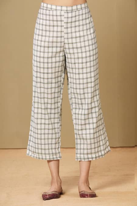 Shop_Sagaa By Vanita_Blue Handloom Cotton, Ajrakh Round Embroidered Kurta And Checkered Pant Set_Online_at_Aza_Fashions