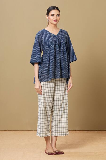 Sagaa By Vanita_Blue Handloom Cotton, Ajrakh V Neck Top And Pant Set_Online_at_Aza_Fashions