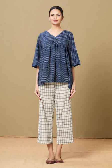 Buy_Sagaa By Vanita_Blue Handloom Cotton, Ajrakh V Neck Top And Pant Set_Online_at_Aza_Fashions