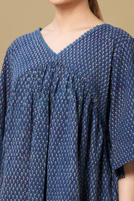 Shop_Sagaa By Vanita_Blue Handloom Cotton, Ajrakh V Neck Top And Pant Set_Online_at_Aza_Fashions