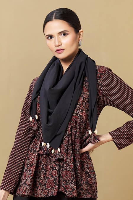 Sagaa by Vanita Black Ajrakh Seashell Tassel Stole 