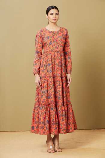 Sagaa By Vanita_Peach Floral, Sequin Round Motif Dress_Online_at_Aza_Fashions