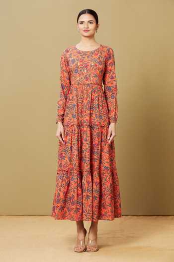 Buy_Sagaa By Vanita_Peach Floral, Sequin Round Motif Dress_Online_at_Aza_Fashions
