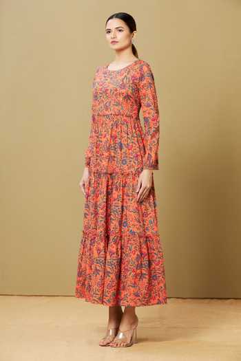 Shop_Sagaa By Vanita_Peach Floral, Sequin Round Motif Dress_Online_at_Aza_Fashions