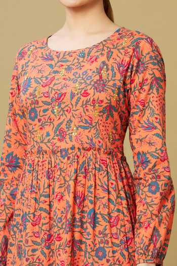 Sagaa By Vanita_Peach Floral, Sequin Round Motif Dress_at_Aza_Fashions