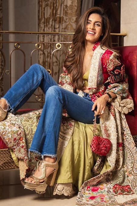 Varun Bahl Multi Color Crop Top Cupro Satin V Neck Upcycled Patch Jacket With