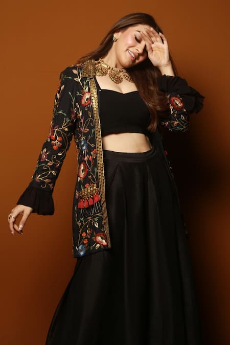 Samatvam By Anjali Bhaskar_Black Crepe, Habutai Silk Open Embroidered Jacket Lehenga Set _Online_at_Aza_Fashions