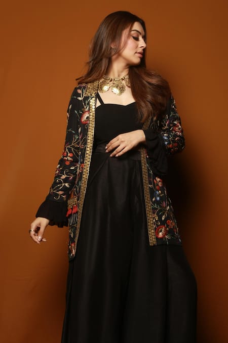 Buy_Samatvam By Anjali Bhaskar_Black Crepe, Habutai Silk Open Embroidered Jacket Lehenga Set _Online_at_Aza_Fashions