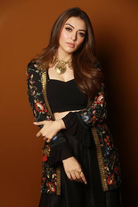 Shop_Samatvam By Anjali Bhaskar_Black Crepe, Habutai Silk Open Embroidered Jacket Lehenga Set _Online_at_Aza_Fashions