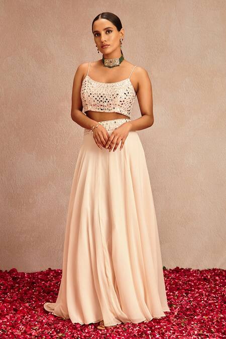 Samatvam By Anjali Bhaskar_Pink Blended Chiffon Mirror Work Scoop Neck Embroidered Lehenga Set_Online_at_Aza_Fashions