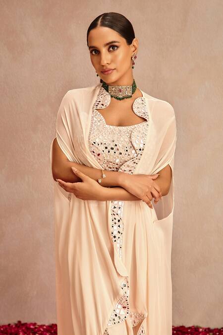 Shop_Samatvam By Anjali Bhaskar_Pink Blended Chiffon Mirror Work Scoop Neck Embroidered Lehenga Set_Online_at_Aza_Fashions