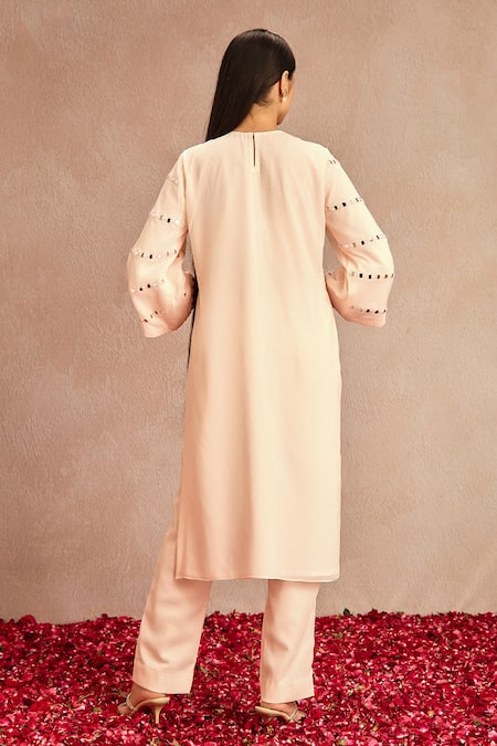 Shop Samatvam By Anjali Bhaskar Pink Blended Chiffon Mirror Work Round Embroidered Kurta Set at Aza Fashions Shop_Samatvam By Anjali Bhaskar_Pink Blended Chiffon Mirror Work Round Embroidered Kurta Set _at_Aza_Fashions